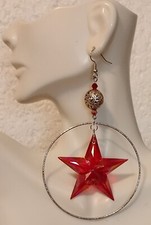 4-Inch Silver Hoop Earrings with Faceted Red Star Pendant and Hook Fastening