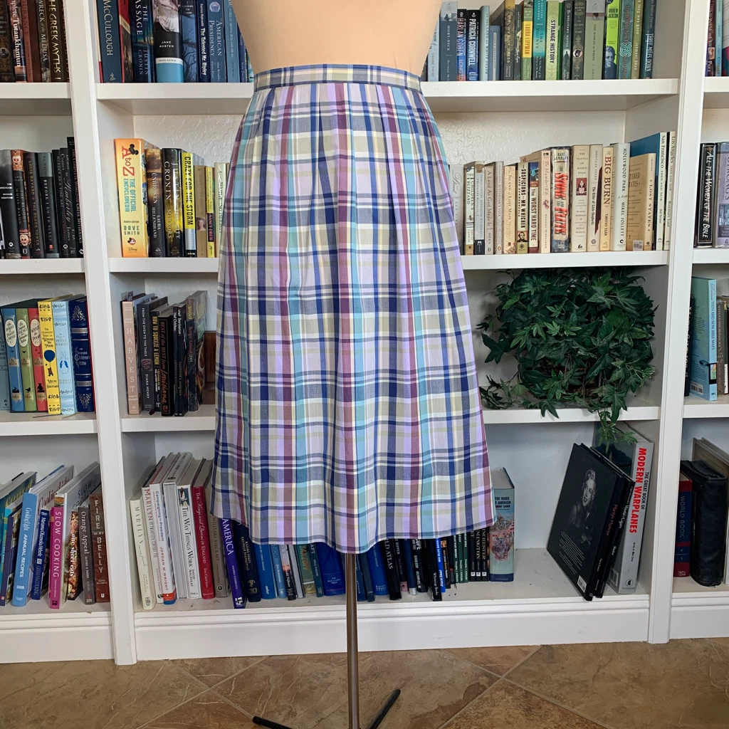 Womens Vintage 80s Pastel Violet Green Preppy Old Money Pleated Midi Skirt 10