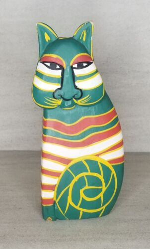 Vintage Volkskunst geschnitzte Holz Katze handbemalt Figur