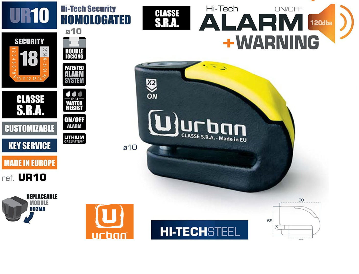 Bloque disque alarme UR10 Urban 10 mm contre le vol de scooter