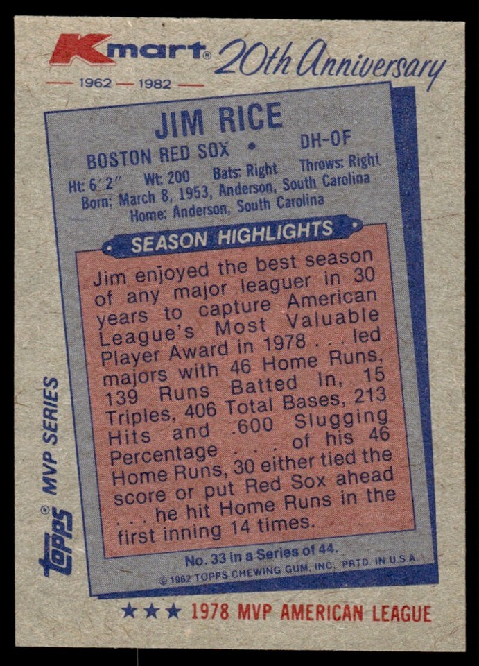 1982 Topps Kmart 20th Anniversary JIM RICE #33 Red Sox 1978 MVP | eBay