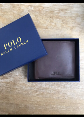 Ralph Lauren Leather Brown Wallet Internal Navy Blue Stripes Design, RRP  £140 UK