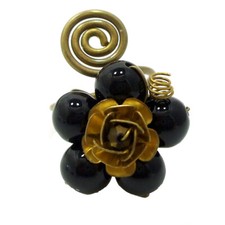 Charmings Rose Simulated Black Onyx Floral Free Size Ring
