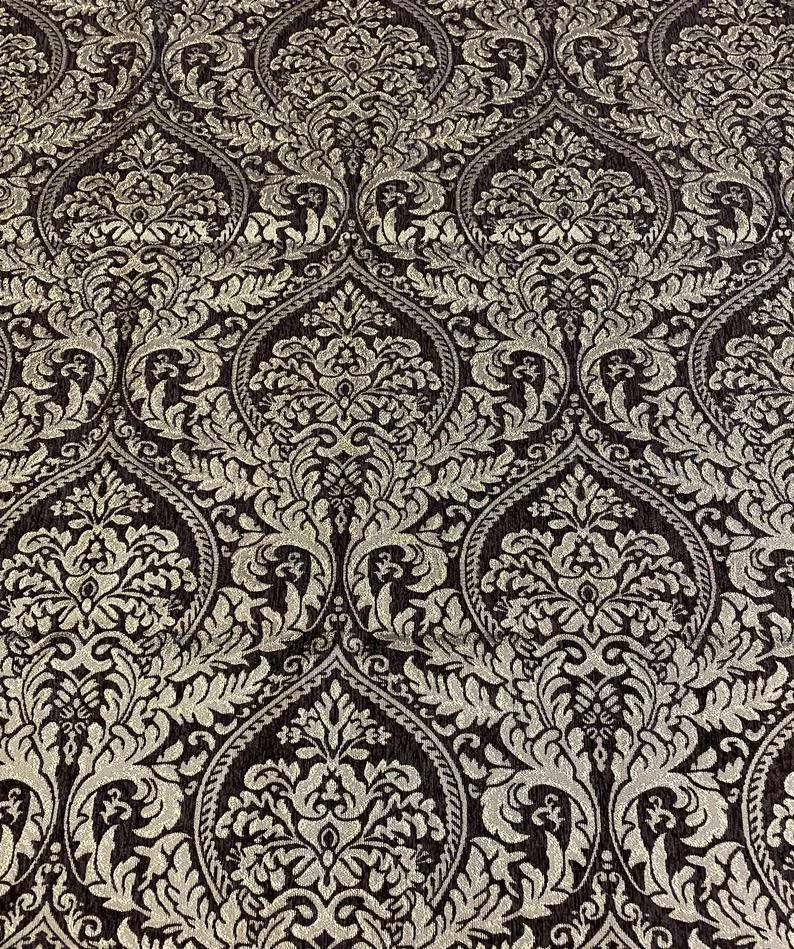 Обивка тканевая широкая 54 дюйма Napoli золотистая темно-коричневая дамасская шениль на золоте - Изображение 2 из 3