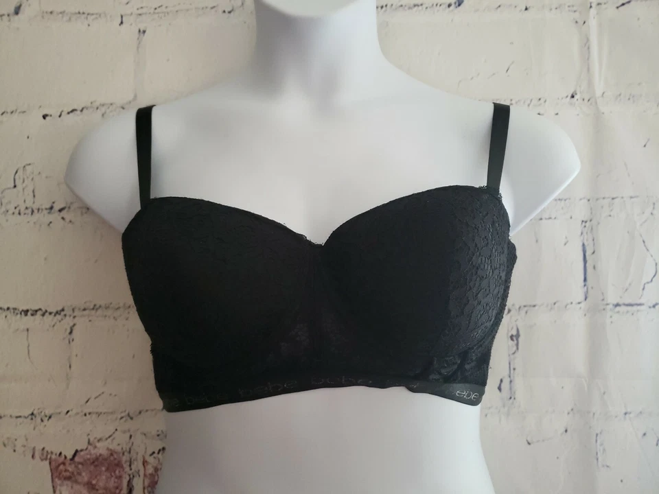 Bebe Intimates Padded Push Up Bra Black Lace Fishnet size 38C Demi Cup Adj strap - Image 2 of 4