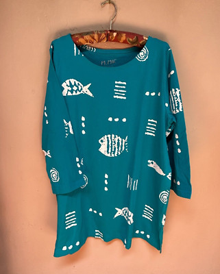 M.MAC Womens Large Rock Fish Scoop-Neck Tunic Top 3/4 Sleeve Blue Cotton NWOT
