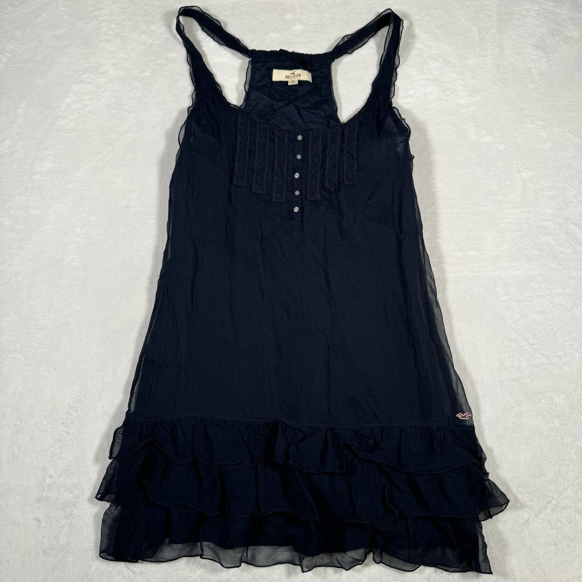 Hollister Dress Blue Ruffle Lace Buttons Silk Cotton Bow Pullover Size M Hollister Dress Blue Ruffle Lace Buttons Silk Cotton Bow Pullover Size M