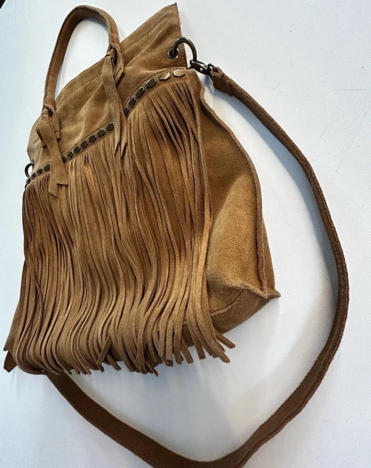 Lucky Brand Crossbody Khaki Bronze Suede Fringe Bag Handles & Removable Strap - Image 4 of 4