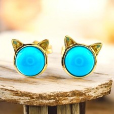 Vintage 14k Yellow Gold Blue Round Cabochon Turquoise Cat Stud Earrings