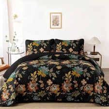 Floral Quilt King Size, Black Vintage Botanical Bedspread