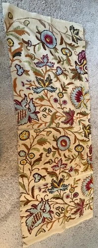 Vtg Fabric Remnant Embroidered Floral Chain Stitch Wool Tan Flax 16x23 Kashmir? - product listing photo
