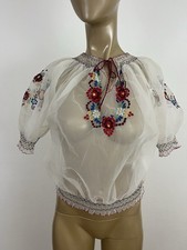 Vintage Hungarian Embroidered Floral Sheer Peasant Folk Blouse Nylon S/M 