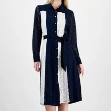 T Tahari Colorblocked Mixed Media Belted Dress Collared Navy White Womens NWT