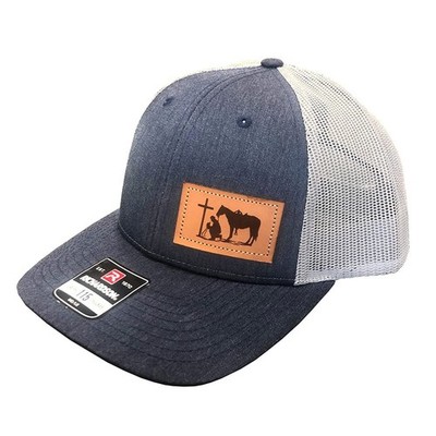 DALLY Up Praying Cowboy Leather Patch Snapback Hat Navy Grey Adjustable Cap