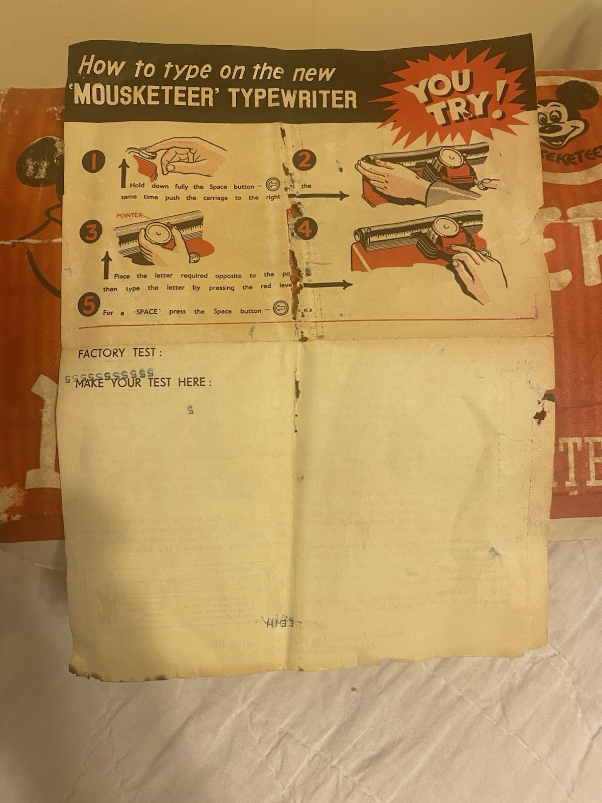 VINTAGE TIN MICKEY MOUSE FAN REPORTER FAN CLUB TYPEWRITER W BOX AND INSTRUCTIONS