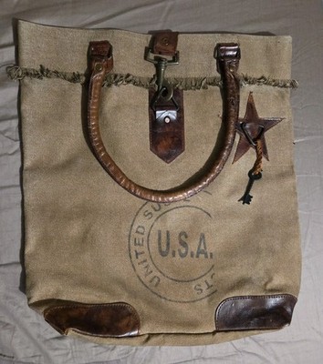Mona B Womens Large Canvas Tote Bag Tan Distressed USA Key 