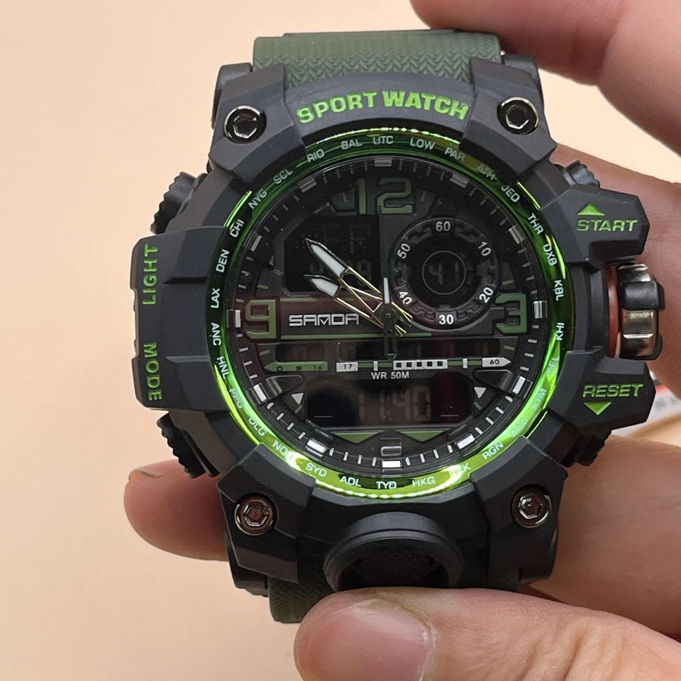 SAMDA Sport Watch Mens Black Green Digital Analog Alarm 50M Water Resistant 3133 - Image 3 of 4