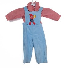 Vintage Size 12M Toddler Cowboy Embroidered Overalls Red Gingham Shirt Set