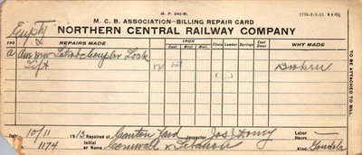 1913 M.C.B. Billing Repair Card - Northern Central Railway - Gondola Coupler