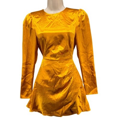 House of Harlow 1960 Krisha Mini Dress Gold Metallic Satin Long Sleeve Size S