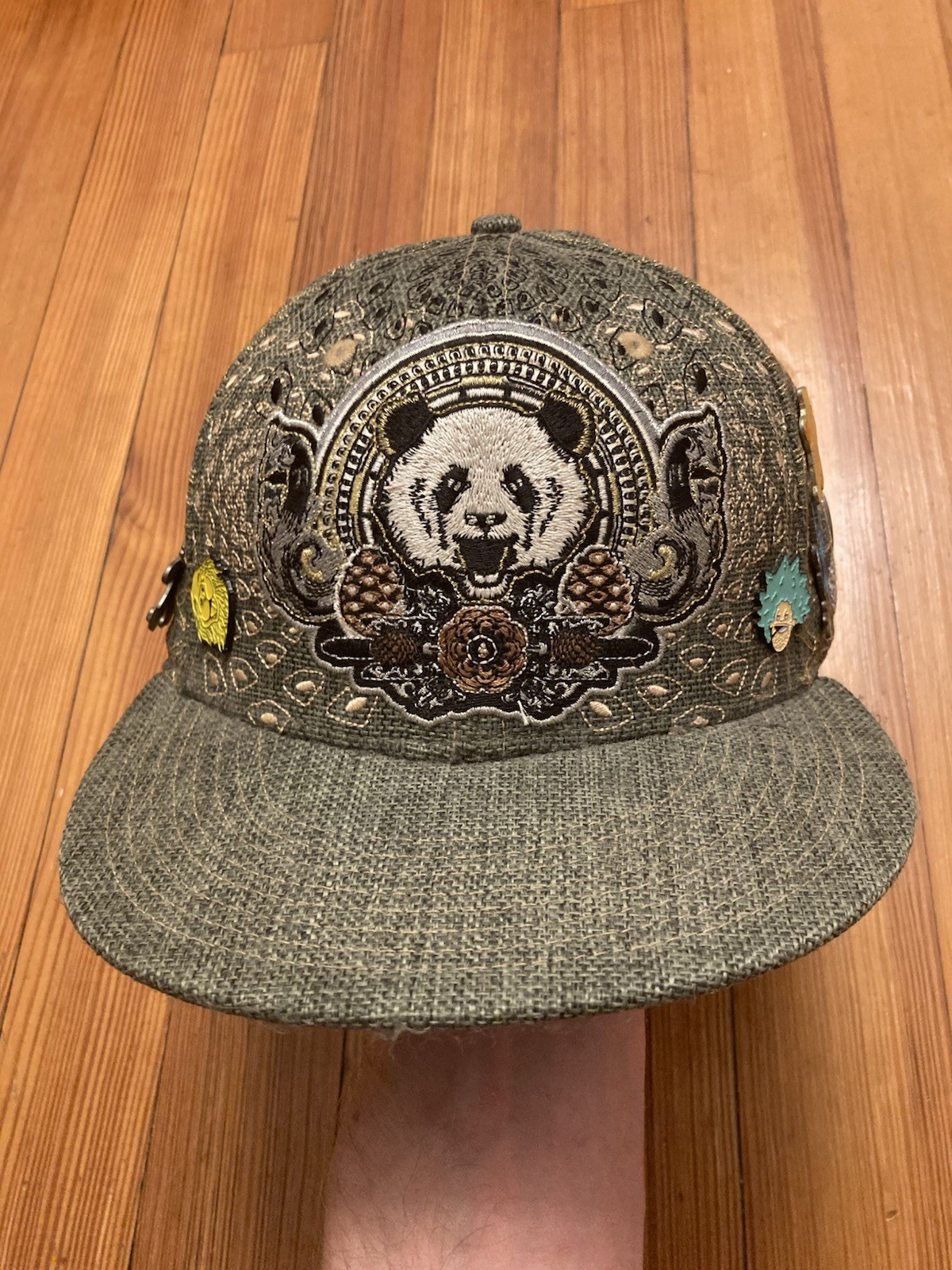 Grassroots California Third Eye Pinecones Panda Hat Green Fitted 7 3/8 & 17 Pins
