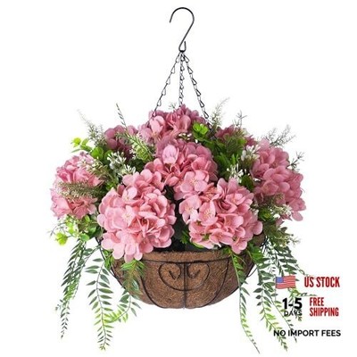 Artificial Hanging Hydrangea Flowers with Basket for Outdoor Spring Champagne