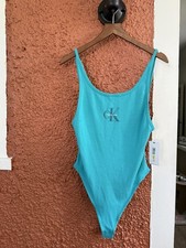 Calvin Klein Jeans Monogram Logo Scoop Back Thong Tank Top Bodysuit Teal Medium