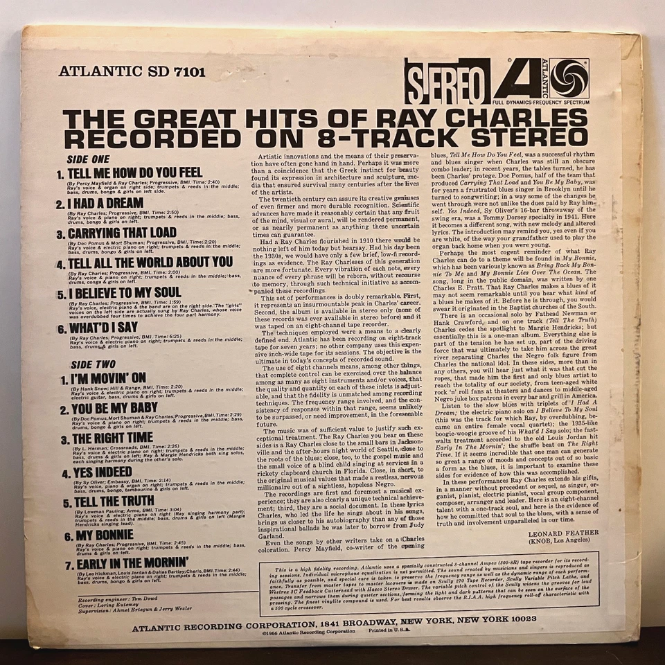 RAY CHARLES - Great Hits On 8-Track Stereo (1964) - 12" Vinyl Record LP - VG - Image 2 of 3