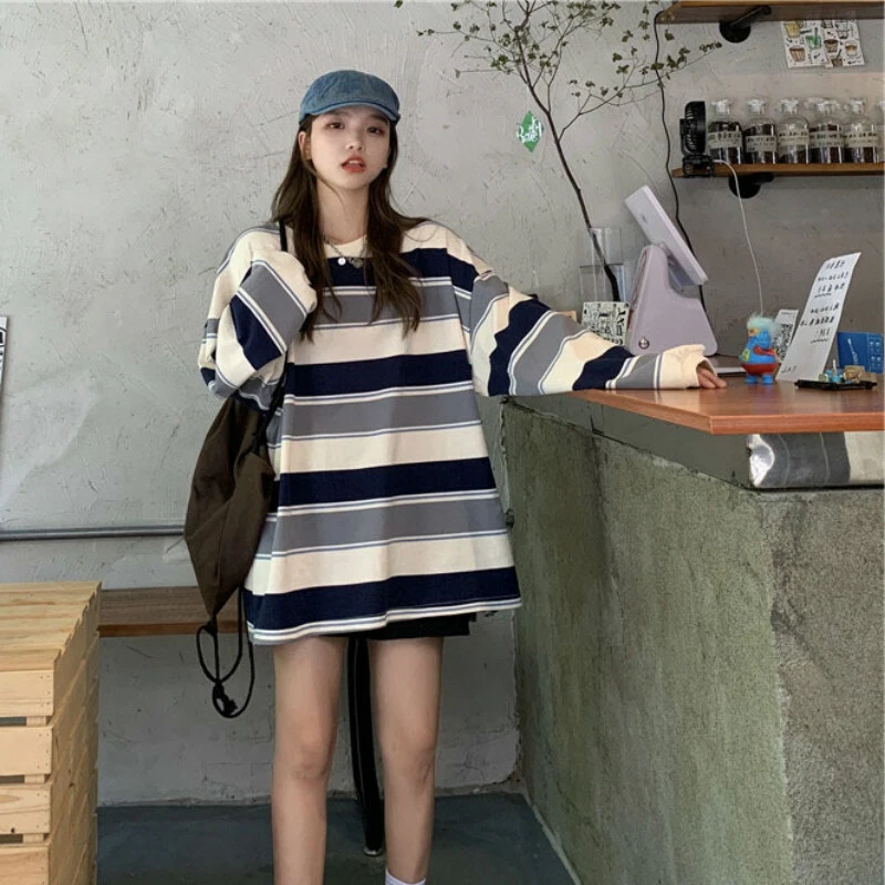 Women Men s Striped T shirt Harajuku Tops Fall Korean Loose Blouse