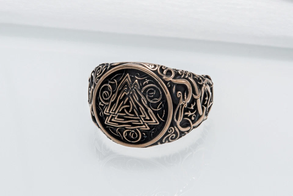Anillo de bronce estilo urnas símbolo de nogal sello hecho a mano vikingo hombres joyería Foto 4 de 4