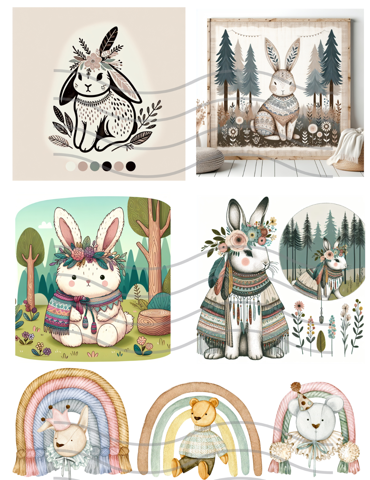 Boho Bunnies Collage Sheet Ephemera Supplies For Scrapbooks Junk Journals Cards