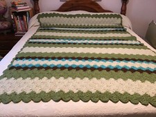 Hand Crochet-Afghan-Throw-Blanket-Wool-Greens, Brown, Turquoise-74 x52 -EXCELLEN