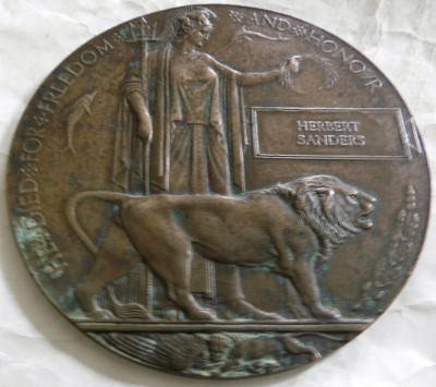 MARINE STERBEPLAKETTE EINZIGARTIGER NAME HERBERT SANDERS HMS SCHWARZER PRINZ JÜTLAND OPFER