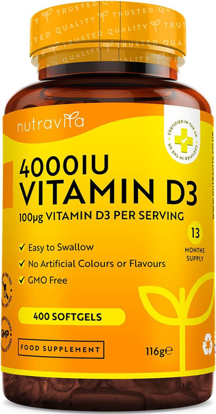 Vitamina D3 4000UI, 400 Comp. Alta Dosis. Articulaciones, Huesos y Sist Inmune