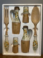Mid Century Vtg NEW Kresge Natural Grain Wood & Ceramic 6 Pc Salad Serving Set