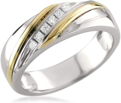 Men's 0.20Ct Princess Simulated Diamond Slant Band in 14K Two-Tone Gold Plated