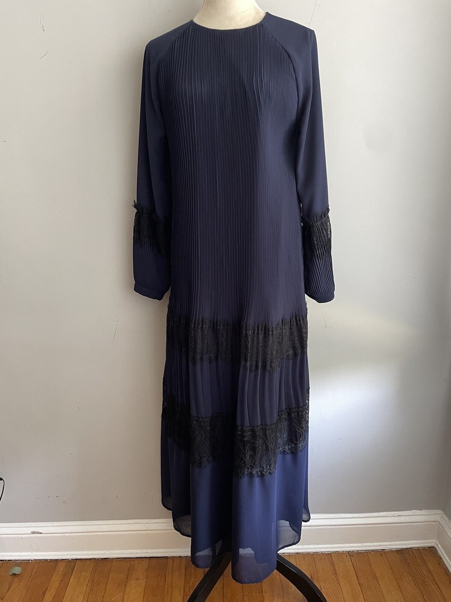 Beautiful Long Sleeve Pleated Lace Trim Long Dress Blue Sz 2 Brand 