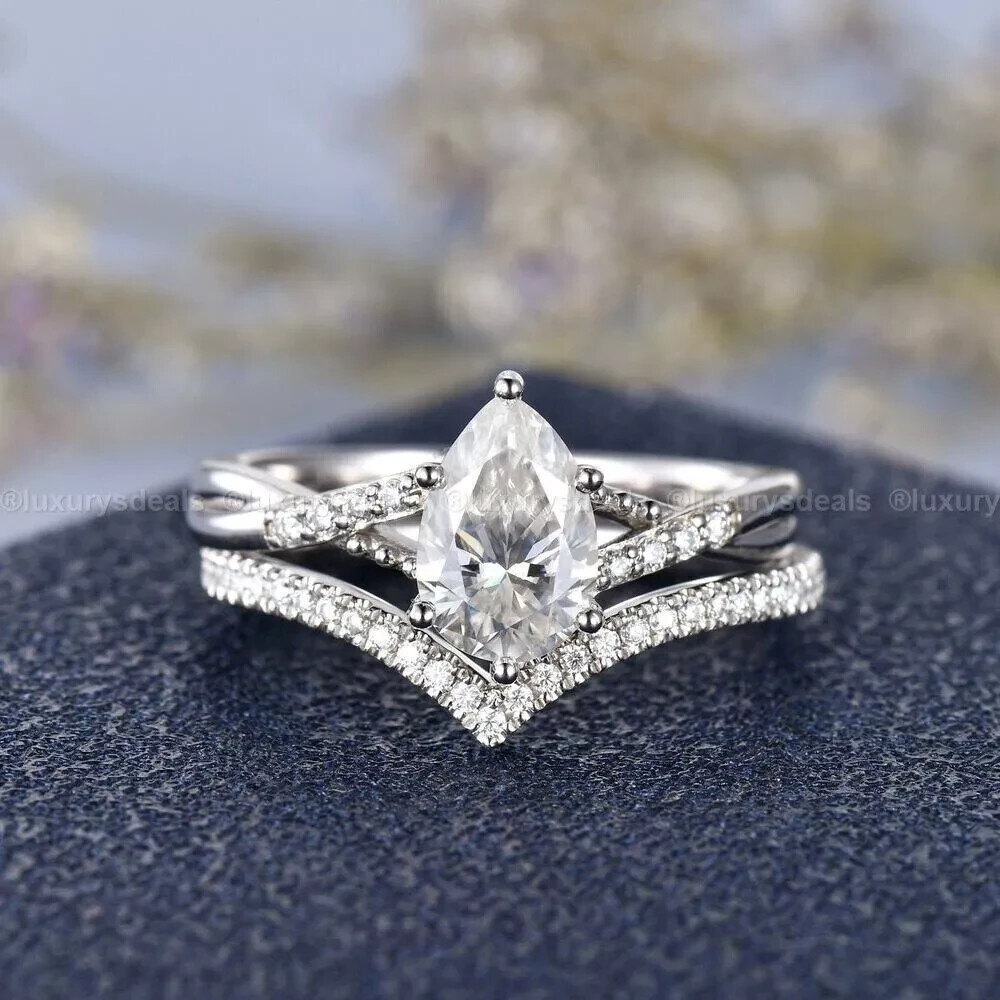 Engagement Ring Bridal Set 14K White Gold 2.50CT Pear Cut Moissanite Size 8.5-image