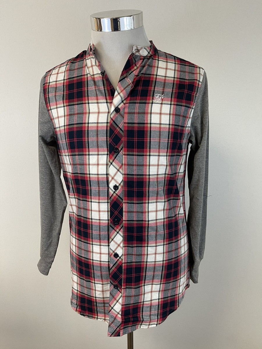 Siksilk Shirt Mens Medium Button Up Plaid Check Red Sik Silk Long