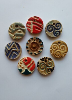Pottery Pendants  1'' Handmade Set of 8 Assorted Embossed Designs