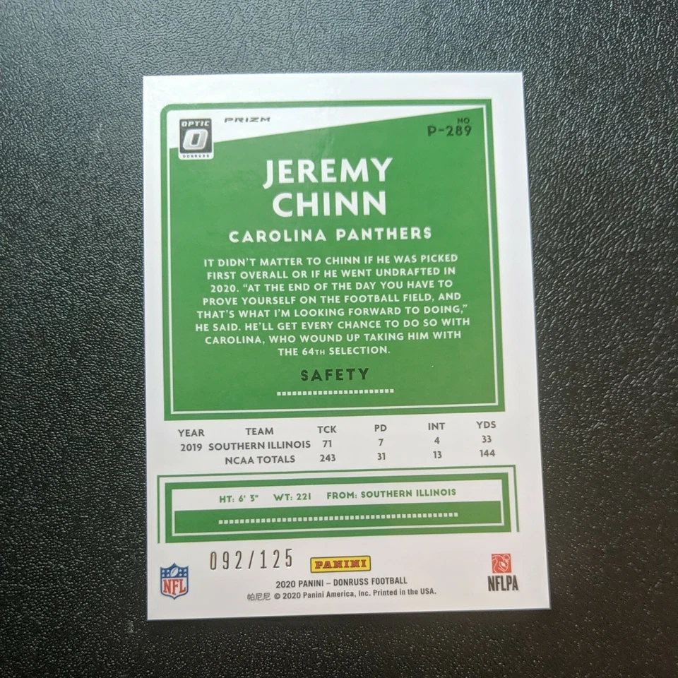 Jeremy Chinn 2020 Donruss Rookie Optic Preview Blue Prizm Carolina /125 - Image 2 of 2