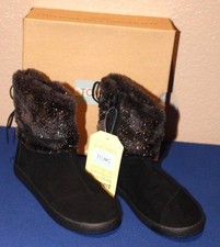 AUTHENTIC Toms Nepal BLack Suede Metallic Faux Fur Ankle Boots YOUTH 2.5 NIB