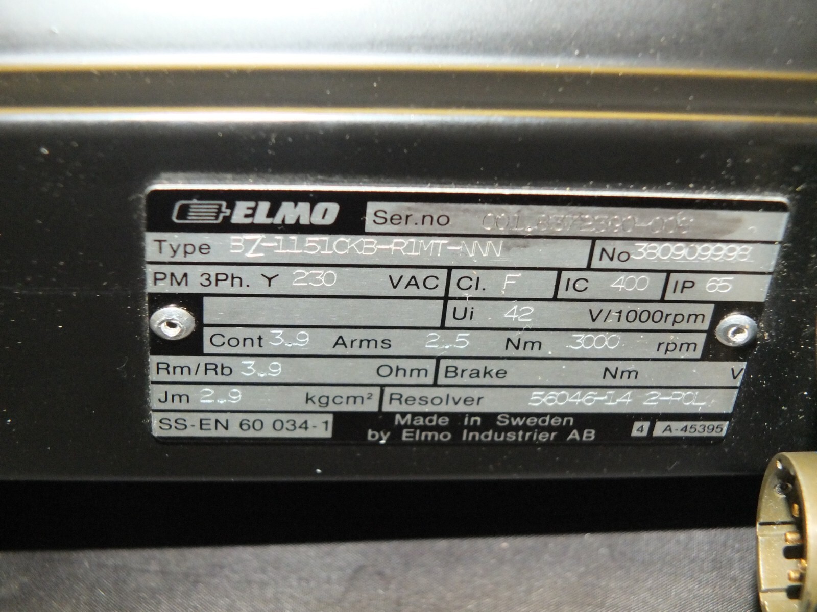 API-ELMO SERVO MOTOR TYPE BZ-1151CKB-R1MT-NNN 3 PHASE 230 VAC 3,000 RPM ...