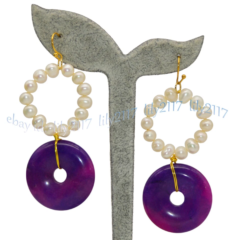 Pendientes de gancho colgantes circulares de perlas blancas de 30 mm Sugilite Donut de 5-6 mm Foto 4 de 4