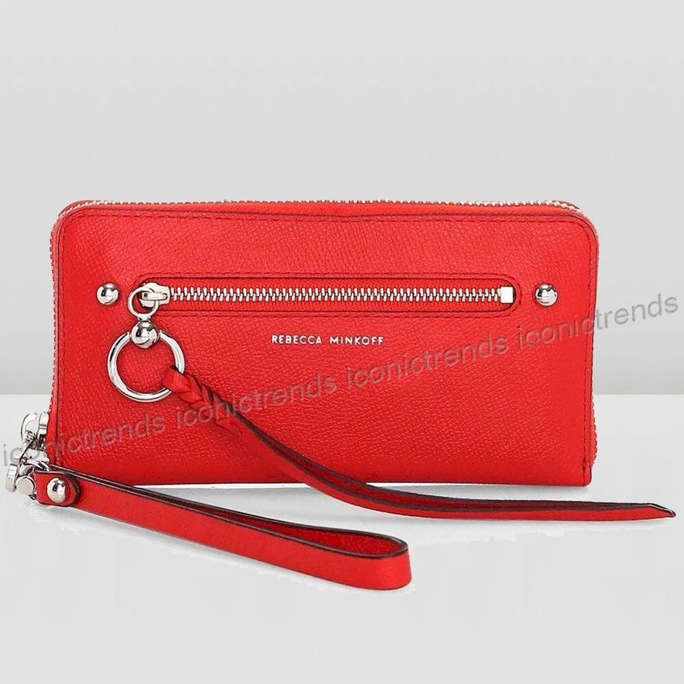 NUEVO CON ETIQUETAS🍅 Rebecca Minkoff Gabby Cremallera Muñequera Billetera Teléfono Cuero Guijarro Rojo Tomate Foto 3 de 4