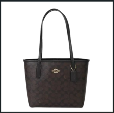 COACH CU759 Small City Tote Signature Coated Canvas Black Brown