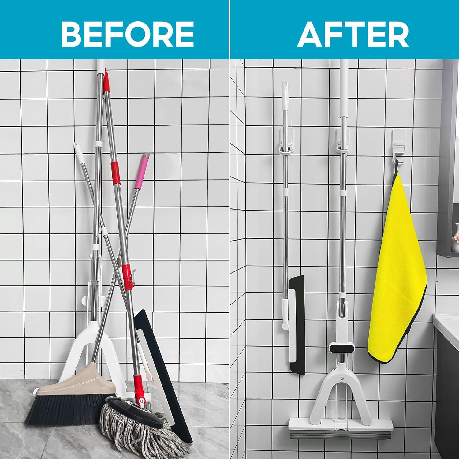 Broom Holder Wall Mount, 2 Pack Broom and Mop Organizer Wall Hanging Self Adhesi
