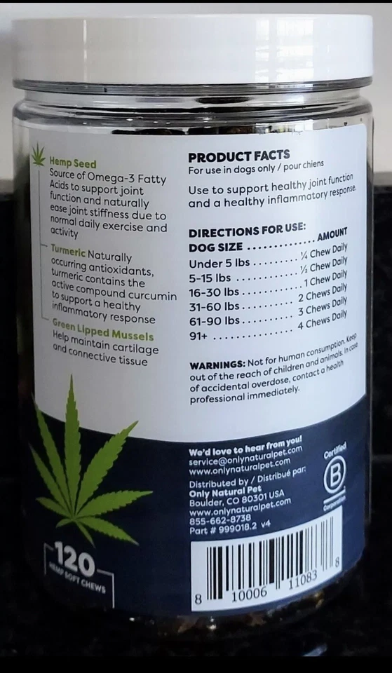 Solo Natural Mascota Cáñamo Cadera y Articulación Soporte Suave Perro Masticables Sellado 120 unidades!  Foto 2 de 3