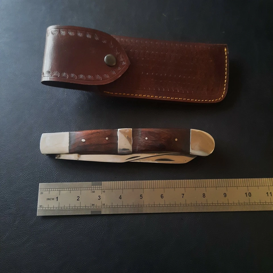 Cuchillo de Bolsillo Antiguo Puente Temprano Cubiertos Madera Plegable 2 Hojas Antiguo con Funda Foto 4 de 4