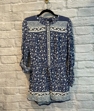 NWT ZARA Women's Blue Floral Button Front Roll Tab Sleeve Short Romper Sz S